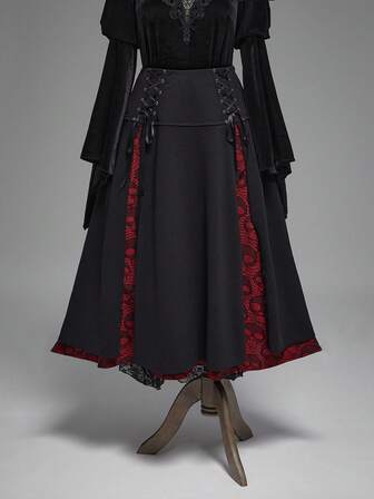 Goth Gonna midi da donna taglie forti con vita stretta, spacco alto, pizzo e scheletro in stile gotico natalizio