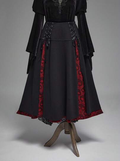 Gothic Christmas Skeleton Lace Contrast Splice High Slit Waist Tie Cinched Waist Plus Size Women Midi Skirt