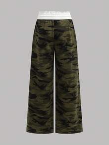 SHEIN Tween Girls Camouflage Knit Sweatpants, Fashionable Wide Leg Streetwear Casual Pants, Versatile Snug Fit Low Waist Elastic Waistband Loose Wide Leg Sweatpants, Color Block, Back To School Season - Multicolor - View 2