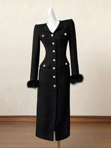 Elenzga 女士新款宴会风格黑色复古仿皮草拼接设计高端派对礼服，秋冬款 - 黑色 - 查看 3