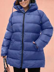 EURMUSE Plus Size Zip Up Drawstring Hooded Padded Coat - Navy Blue - View 7