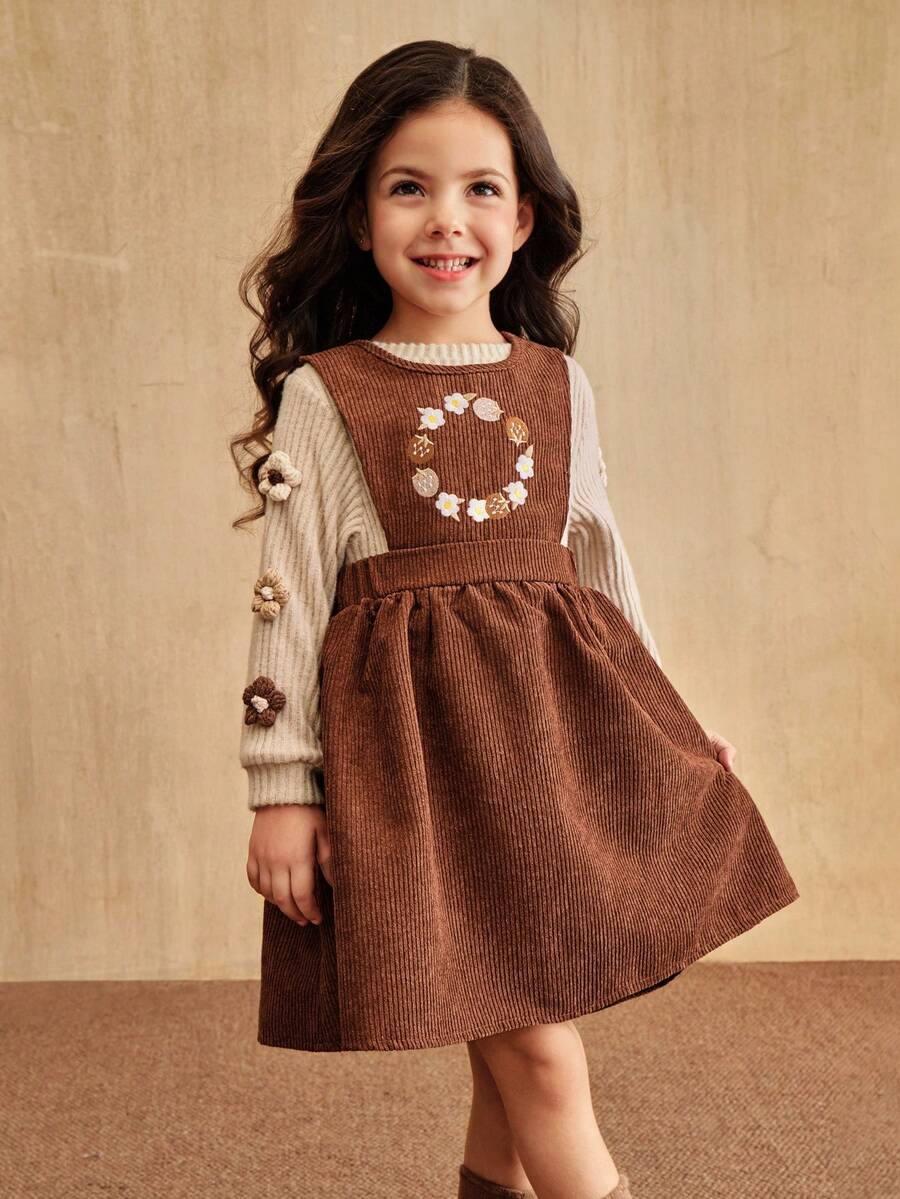 SHEIN Bộ 2 váy tay dài cổ tròn thêu hoa dễ thương cho bé gái, mùa thu đông