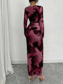 Elenzga 优雅渐变长袖修身女式连衣裙长裙套装 - 中紫紅色 - 查看 2