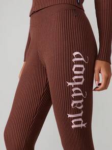 Missguided x Playboy Ribbed Knit Flare Pants With High Rise Waist And Wide Leg Silhouette For Fall Winter Comfort - Coffee Brown - View 4