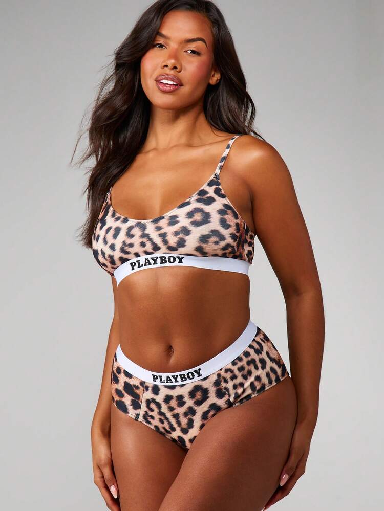 Missguided x Playboy Leopard Print Bra And Panty Set With Logo Elastic Band Intimate Lingerie