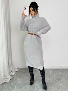 Elenzga Váy len cổ cao giản dị thu đông cho nữ, viền bất đối xứng, váy len midi dáng rộng - Màu Xám nhạt - Xem 4