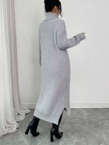 Elenzga Váy len cổ cao giản dị thu đông cho nữ, viền bất đối xứng, váy len midi dáng rộng - Màu Xám nhạt - Xem 2