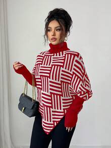 Elenzga Áo len Poncho cổ cao họa tiết hình học thanh lịch dành cho nữ, phối màu, thích hợp mặc ở nhà và đi du lịch, mùa xuân/thu - Đỏ - Xem 3