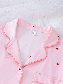 2pcs/Set Girly Pink Cardigan With Heart-Shaped Bow Print, Faux Collar, Long-Sleeved Top And Trousers Pajama Set, Suitable For All Seasons. Pink Pajama Set,Teen Girl Clothes - Multicolor - View 5