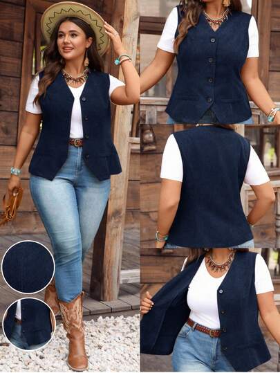 EMERY ROSE Plus Size Casual Solid Color Corduroy Vest Jacket/Winter