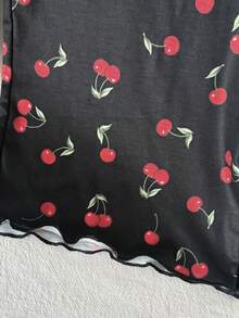 SHEIN 少女樱桃图案V领长袖上衣和裤子睡衣套装 - 黑色 - 查看 5