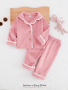 Cozy Pixies Conjunto de ropa casual para el hogar de 2 piezas para niña bebé, con cardigan de manga larga con cuello de solapa y ribete de contraste, y pantalones rectos de cintura elástica para otoño/invierno - Rosa Pálido - Ver 3