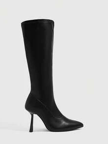 CUCCOO SZL 性感时尚纯色尖头高跟漆皮鞋跟休闲百搭女士过膝长靴 - 黑色 - 查看 2