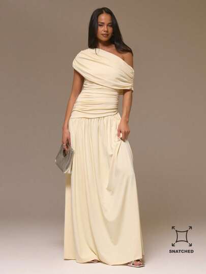 MUSERA Ruched Asymmetrical Shoulder Drape Cinched Waist Maxi Long Dress Cool Girl Cute Fall Autumn Going Out Party Elegant Spring Summer Vacation Bridal Bachelorette Hen Do Wedding