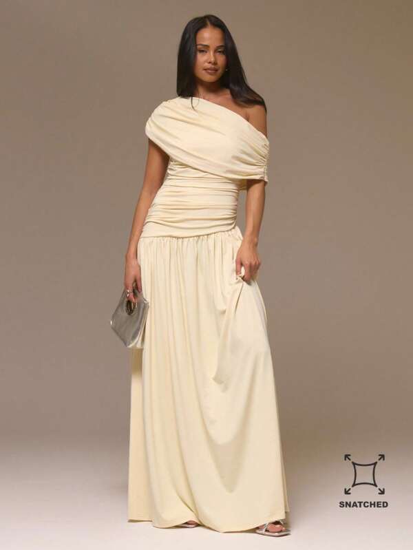 MUSERA Ruched Asymmetrical Shoulder Drape Cinched Waist Maxi Dress Cool Girl, Cute, Fall, Autumn, Winter, Going Out    Party Elegant