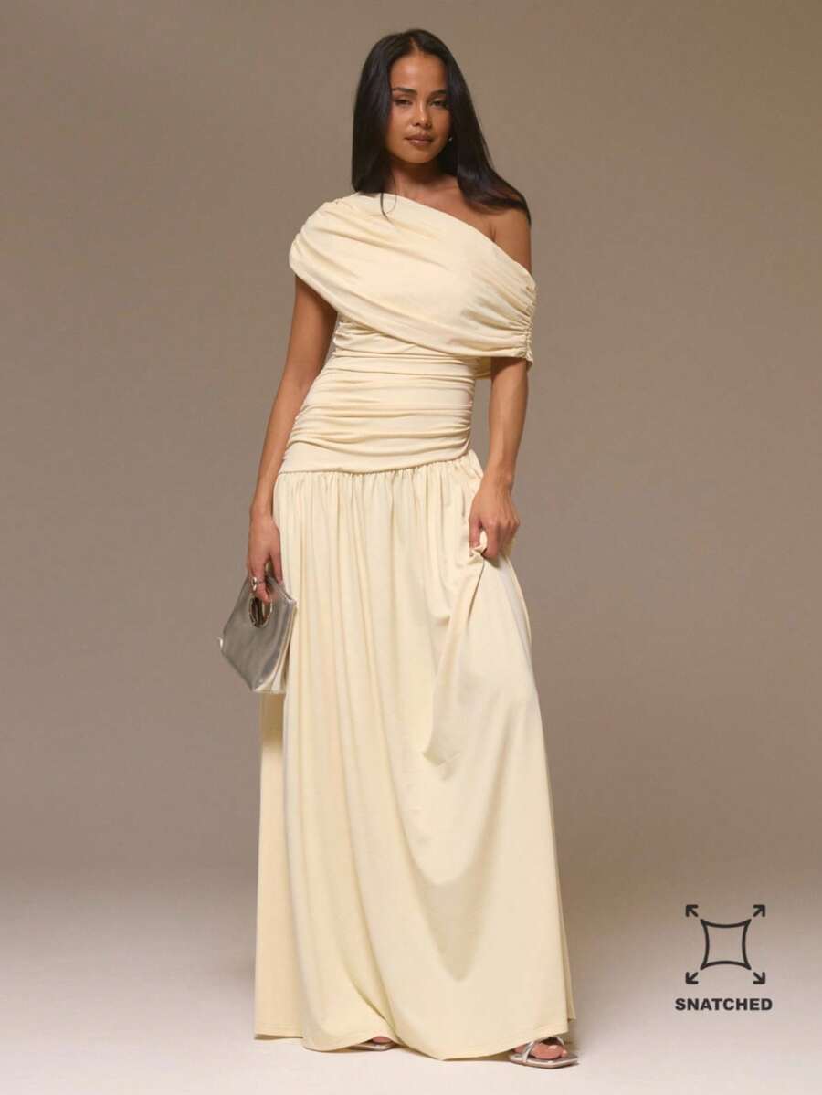 MUSERA Đầm maxi dài dáng suông xếp ly bất đối xứng, eo thắt, phong cách cá tính, dễ thương, thích hợp cho mùa thu, đi chơi, dự tiệc, thanh lịch, mùa xuân hè, kỳ nghỉ, cô dâu, tiệc độc thân, đám cưới. - Màu be - Xem 1