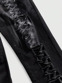 ROMWE MEN Goth Men's Pocket & Strap Design Distressed Casual Jeans - Black - View 4