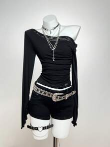 SHEIN PETITE 女士长袖蕾丝拼接针织纯色上衣，复古小众百搭修身T恤，秋冬款