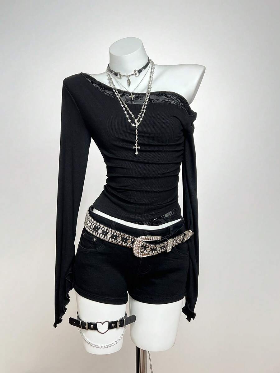 SHEIN PETITE 女士长袖蕾丝拼接针织纯色上衣，复古小众百搭修身T恤，秋冬款