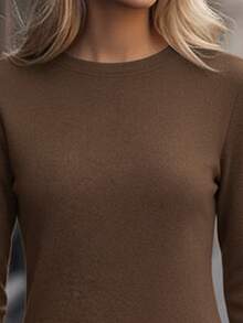 EMERY ROSE Women Casual Round Neck Long Sleeve Asymmetrical Hem T-Shirt, Autumn Fall Cloth For Women - Coffee Brown - View 4