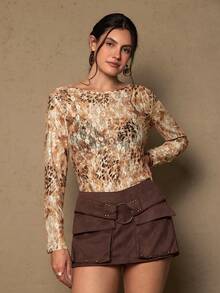 SHEIN VCAY 大码女式豹纹蕾丝印花长袖休闲衬衫 - 彩色 - 查看 4