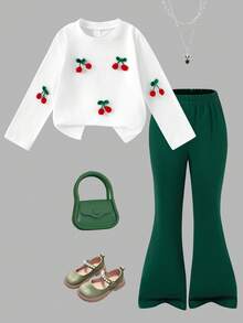 Sparklyn 4-7 Years Old Girls 2pcs Set, White Round Neck Long Sleeve T-Shirt With 3D Cute Cherry Decoration, Tight-Fitting Red Flared Pants, Back To School Versatile Comfortable Cute Lively Outfit, Autumn Fall Winter - Green - View 1
