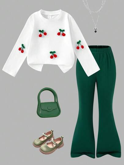 Sparklyn 4-7 Years Old Girls 2pcs Set, White Round Neck Long Sleeve T-Shirt With 3D Cute Cherry Decoration, Tight-Fitting Red Flared Pants, Back To School Versatile Comfortable Cute Lively Outfit, Autumn Fall Winter