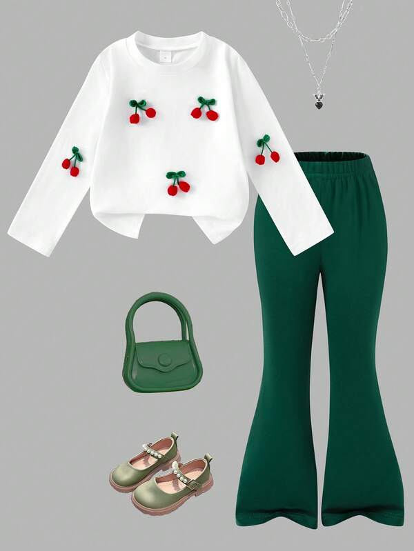 Sparklyn 4-7 Years Old Girls 2pcs Set, White Round Neck Long Sleeve T-Shirt With 3D Cute Cherry Decoration, Tight-Fitting Red Flared Pants, Back To School Versatile Comfortable Cute Lively Outfit, Autumn Fall Winter
