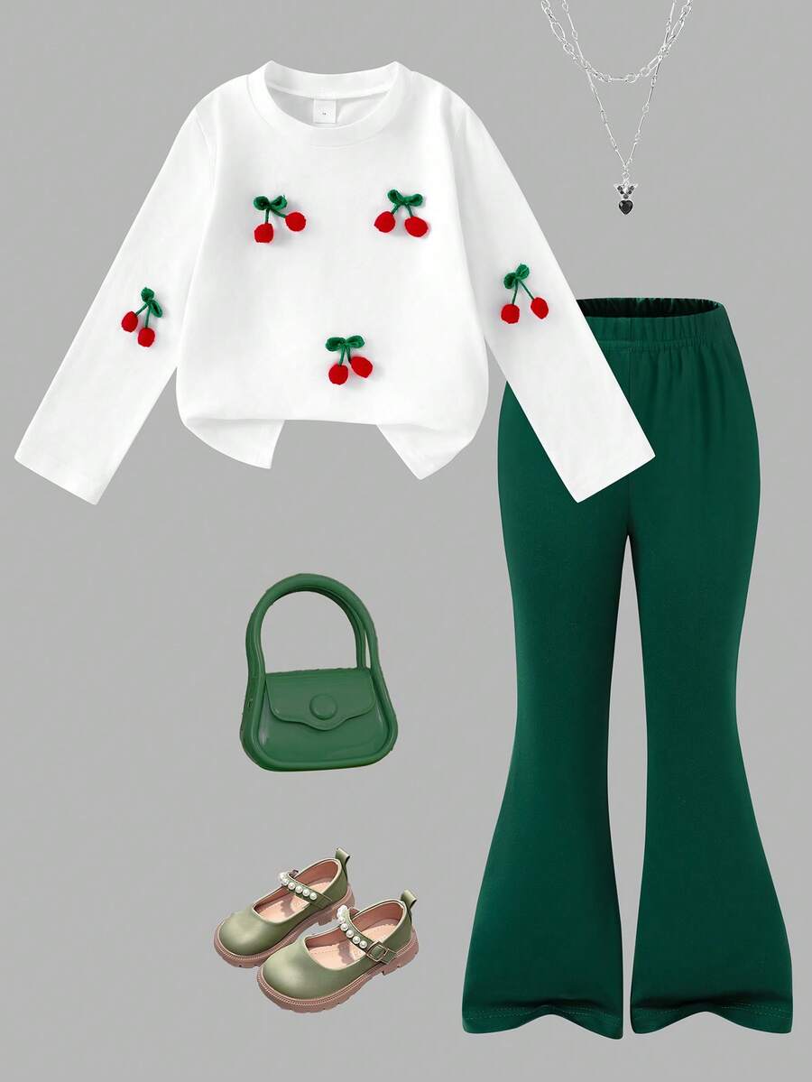 Sparklyn 4-7 Years Old Girls 2pcs Set, White Round Neck Long Sleeve T-Shirt With 3D Cute Cherry Decoration, Tight-Fitting Red Flared Pants, Back To School Versatile Comfortable Cute Lively Outfit, Autumn Fall Winter - Green - View 1