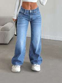 EURMUSE Quần jean ống đứng túi xéo 100% cotton dành cho nữ - Rửa trung bình - Xem 5