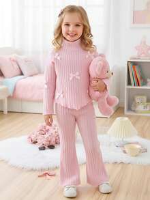 Young Girl Minimalist Cute Versatile Slouchy Turtleneck Bowknot Long Sleeve Top And Straight Leg Pants Set, Autumn/Winter - Baby Pink - View 4