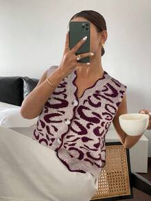 Siren Gaze 秋冬女士休闲豹纹提花针织毛衣背心 - 卡其色 - 查看 4