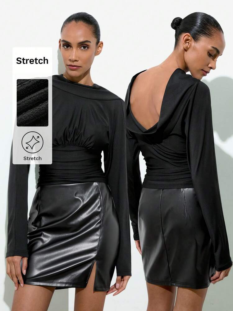 SHEIN Maija Maglietta nera da donna con scollo profondo, schiena scoperta e vita arricciata, manica lunga, collezione autunno/inverno elegante, top nero adatto per il Natale e le vacanze, top elegante da donna