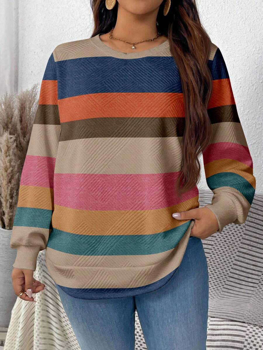 EMERY ROSE Plus Size Women Casual Colorful Striped Print Loose Fit Crew Neck Long Sleeve Sweatshirt, Waffle Texture, Suitable For Autumn/Winter - White - View 1