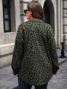 EMERY ROSE Plus Size Women Leopard Print Patchwork Shirt Style Jacket, Autumn/Winter - Army Green - View 9