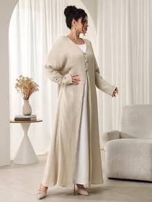 SHEIN Najma V领纽扣纹理面料肩部覆盖长袖女式长袍 - 杏色 - 查看 4