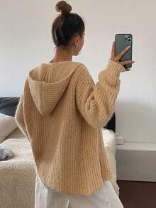 Livesso Damen Einfarbige Lose Gestrickte Lässige Kapuzenjacke, Herbst - Khaki - Übersicht 2