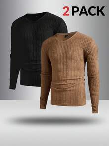 Manfinity VCAY 2pcs/Set Men's Loose Fit V-Neck Long Sleeve Knit T-Shirts, Suitable For Autumn
