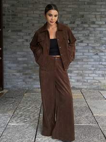 Livesso 女士秋冬休闲宽松领外套和裤子两件套家居服套装 - 咖啡棕 - 查看 1