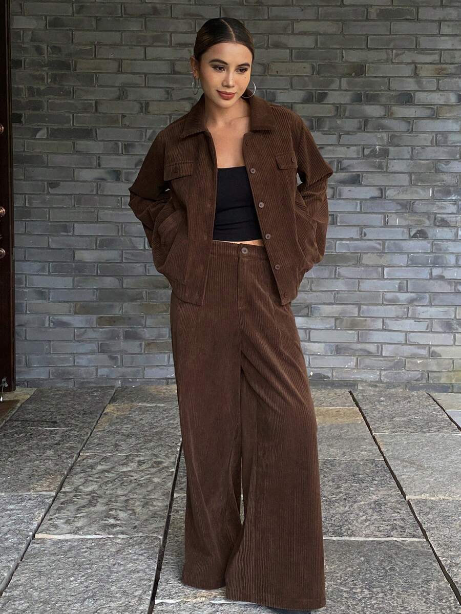 Livesso 女士秋冬休闲宽松领外套和裤子两件套家居服套装 - 咖啡棕 - 查看 1