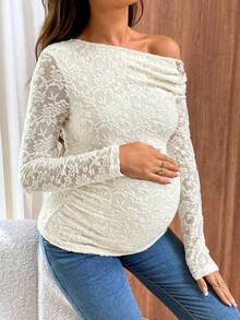 SHEIN Camiseta de manga larga con hombros asimétricos y encaje de unicolor para maternidad - Caqui - Ver 7