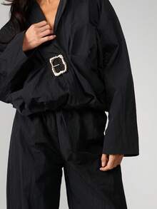 MISSGUIDED Bubble Hem Collared Two Piece Coord Set With Belt Detail Wide Leg Palazzo Pants - Black - View 5