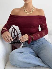 Siren Gaze Women's Christmas Chic Red Off Shoulder Long Sleeve Lace Ruched Fitted Fashion T-Shirt, Sexy Party Top Winter New Year Burgundy Red Top,Christmas Spring Valentine's Day Casual - Burgundy - View 7