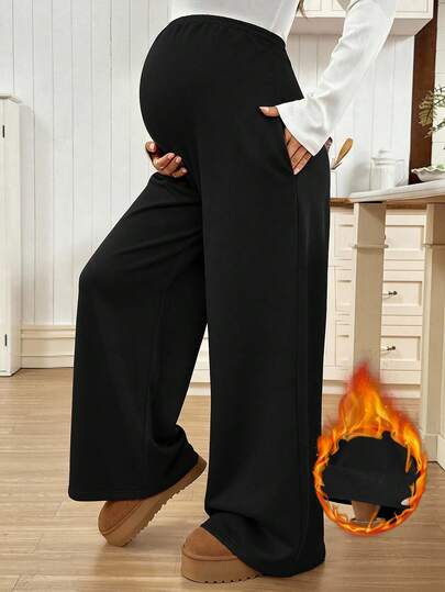 SHEIN Pregnant Women's Solid Color Drawstring Waist Pockets Thermal Lined Loose Casual Sweatpants
