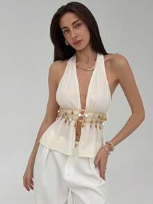 Aloruh 浪漫约会性感波西米亚风露背水钻装饰杏色女士吊带背心 - 杏色 - 查看 8