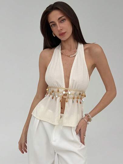 Aloruh Romantic Date Sexy Bohemian Halter Backless Rhinestone Decor Apricot Women Tank Top