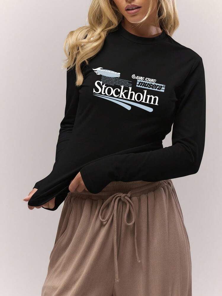 MUSERA Long Sleeve Fitted Graphic Crew Neck Top Old Money Cute Country Cottage Core Clean Girl Winter Casual Lounge For Women Butterscotch Spring Summer - Black - View 5