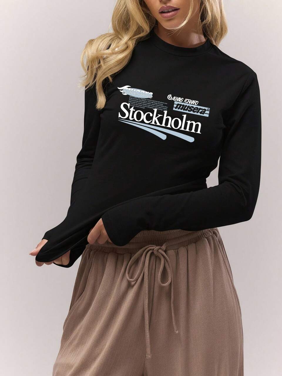 Black Long Sleeve Fitted Graphic Crew Neck Top