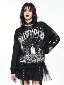 ROMWE Goth 哥特十字架和墓碑印花套头卫衣，暗黑恐怖氛围 - 黑色 - 查看 7