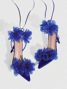 CUCCOO SZL 女士时尚3D立体花朵系带高跟凉鞋，夏季 - 寶藍色 - 查看 2